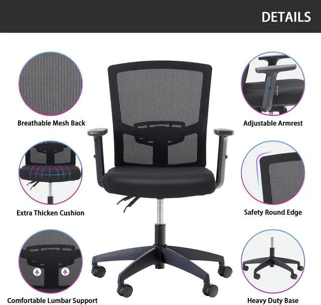 Alt view image 4 of 7 - Ergonomic Home Office Desk Chair High Back, Modern 360° Swivel Executive Computer Chair with Height Adjustable Armrests, Lumbar Support, Breathable Mesh Back, Black - 1 Pack, Load Capacity: 300 lbs