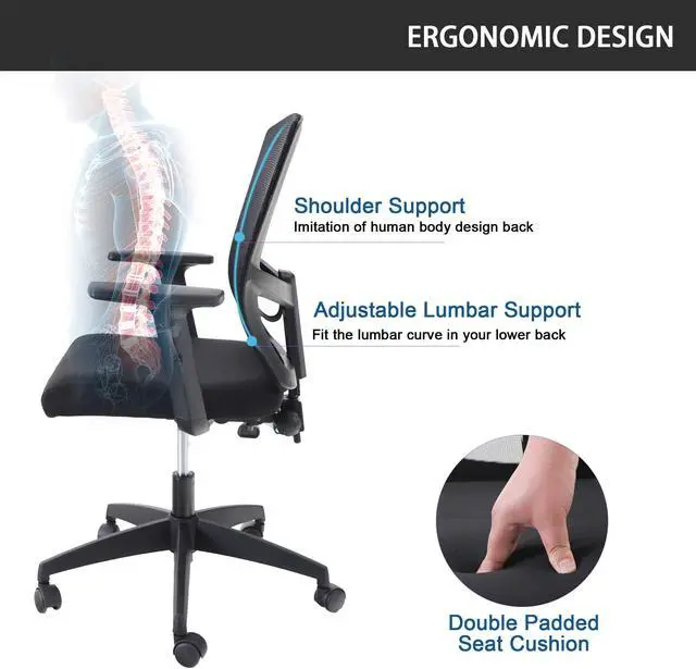 Alt view image 5 of 7 - Ergonomic Home Office Desk Chair High Back, Modern 360° Swivel Executive Computer Chair with Height Adjustable Armrests, Lumbar Support, Breathable Mesh Back, Black - 1 Pack, Load Capacity: 300 lbs