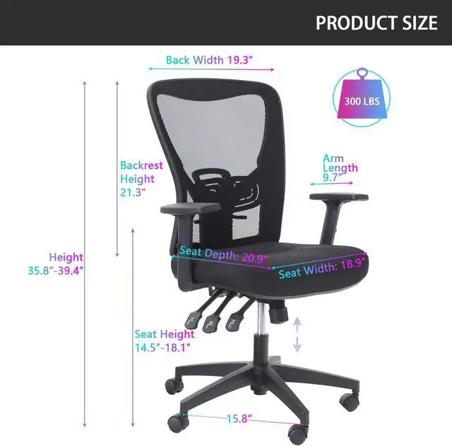 Alt view image 7 of 7 - Ergonomic Home Office Desk Chair High Back, Modern 360° Swivel Executive Computer Chair with Height Adjustable Armrests, Lumbar Support, Breathable Mesh Back, Black - 1 Pack, Load Capacity: 300 lbs