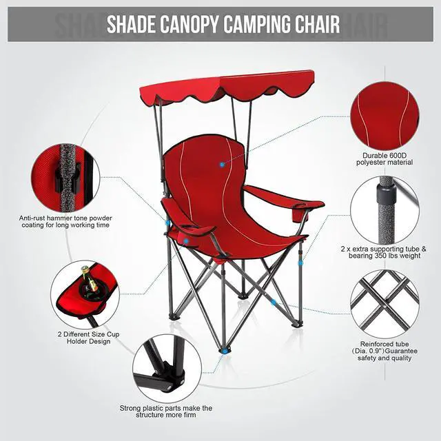 Alt view image 2 of 6 - Heavy Duty Canopy Lounge Chair Sunshade Hiking Travel Chair