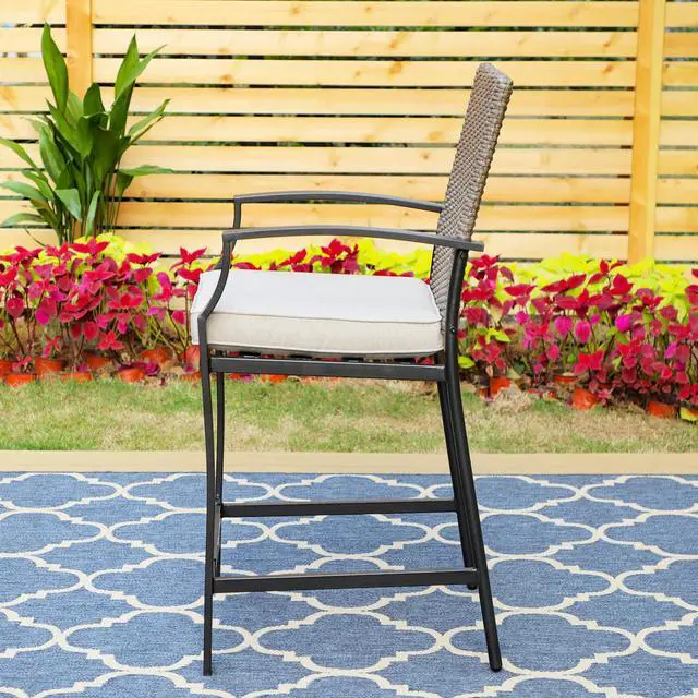 Alt view image 2 of 7 - 2 Pieces Metal Outdoor Bar Stools with Cushions for Patio, Garden, Yard, Poolside Rattan Seat Back