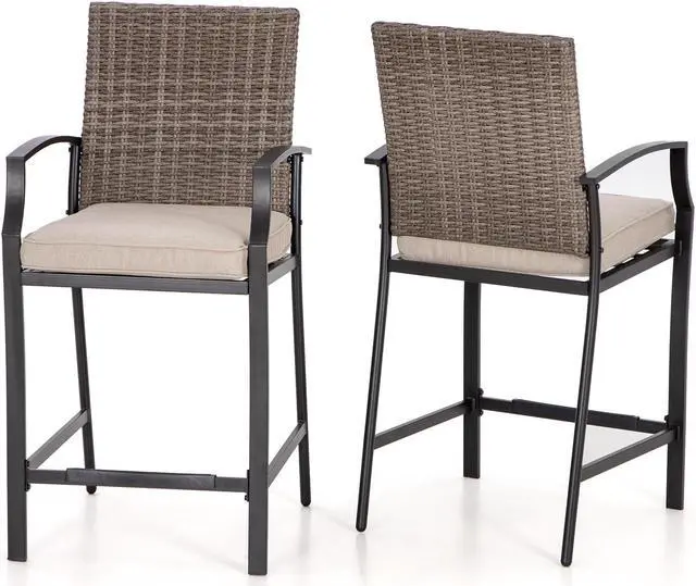 Alt view image 3 of 7 - 2 Pieces Metal Outdoor Bar Stools with Cushions for Patio, Garden, Yard, Poolside Rattan Seat Back