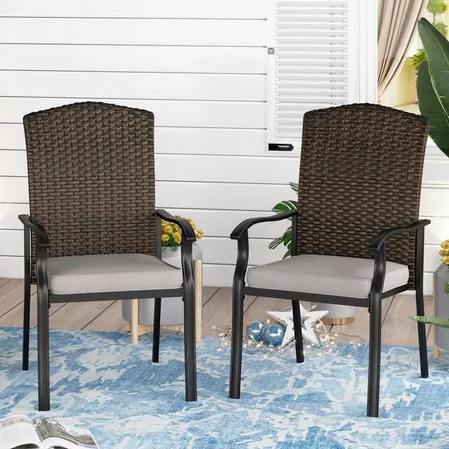 Main image of Outdoor Metal Dining Chairs with Cushions for Patio, Garden, Yard Metal Frame with PE Rattan Seat Set of 2