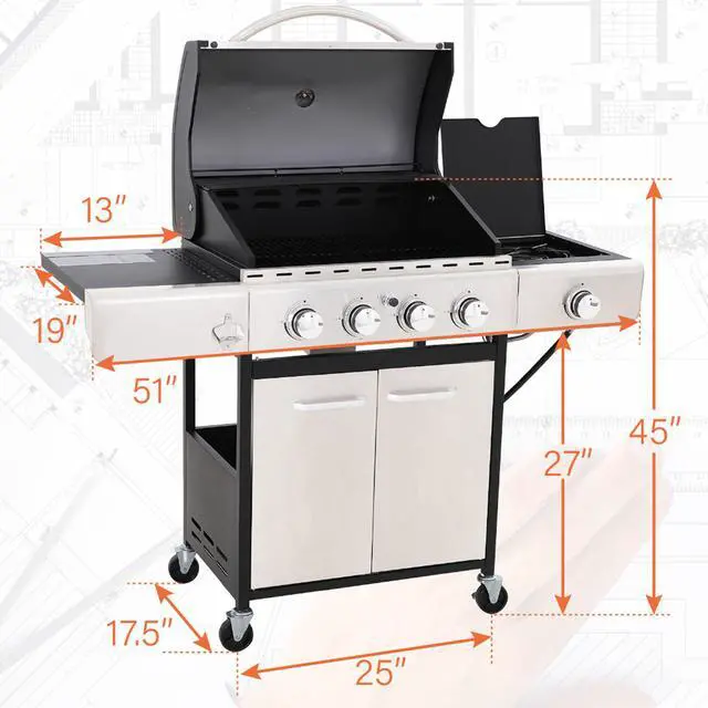 Alt view image 5 of 7 - Captiva Design Gas Grills Larger 4-Burner Gas Grills Stainless Steel Cabinet Style Propane Grills with Side Burner