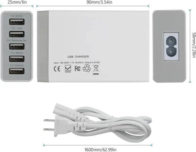Alt view image 4 of 8 - Pezin & Hulin USB Wall Charger, 5 Ports USB Charger HUB for Phones, Smartphones and Tablets, Multi USB Charger Station, Fast Charging (White)
