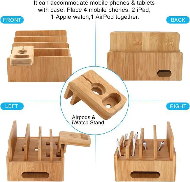 Alt view image 2 of 7 - Pezin & Hulin Bamboo Charging Station, with Power Charger HUB ,5 Cables, Cell Phone Charging Stand for Multiple Devices, Phones, Tablets.(Includes 5 Port USB Charger,5 Cables , iWatch & AirPod Stand)