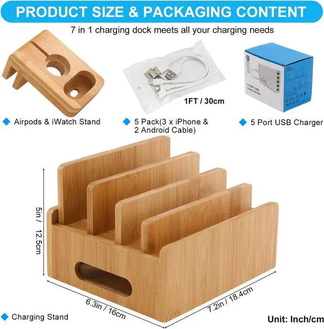 Alt view image 4 of 7 - Pezin & Hulin Bamboo Charging Station, with Power Charger HUB ,5 Cables, Cell Phone Charging Stand for Multiple Devices, Phones, Tablets.(Includes 5 Port USB Charger,5 Cables , iWatch & AirPod Stand)