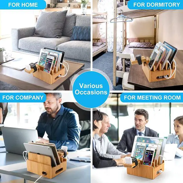 Alt view image 7 of 7 - Pezin & Hulin Bamboo Charging Station, with Power Charger HUB ,5 Cables, Cell Phone Charging Stand for Multiple Devices, Phones, Tablets.(Includes 5 Port USB Charger,5 Cables , iWatch & AirPod Stand)