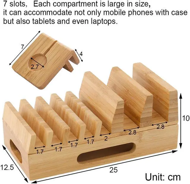 Alt view image 6 of 7 - Pezin & Hulin Bamboo Charging Station with Watch Stand,5 Cables. Wood Docking Stand Electronic Organizer for Multiple Devices.(No Charger HUB)