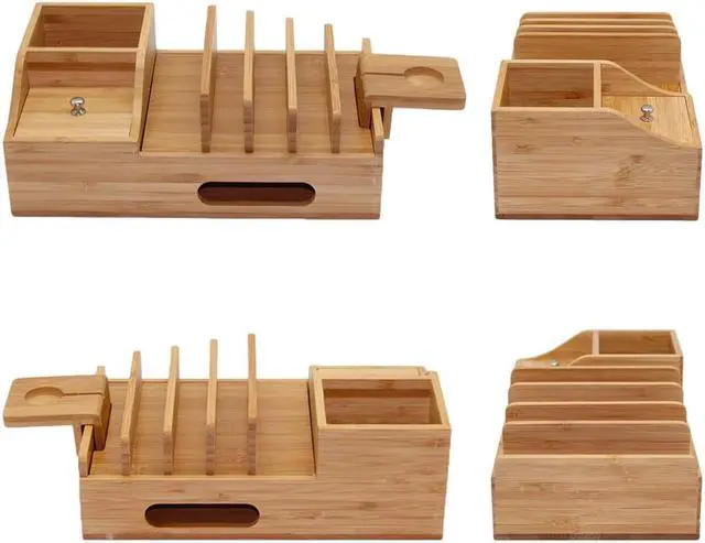 Alt view image 2 of 7 - Pezin & Hulin Bamboo Charging Station, Charging Stand with Pen Holder and Storage Compartment, Wooden Desktop Docking for Mobile Phones, Tablets, (Includes 5 cables and Charger HUB, iWatch Stand)