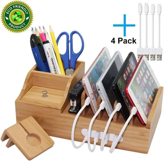Alt view image 6 of 7 - Pezin & Hulin Bamboo Charging Station, Charging Stand with Pen Holder and Storage Compartment, Wooden Desktop Docking for Mobile Phones, Tablets, (Includes 5 cables and Charger HUB, iWatch Stand)
