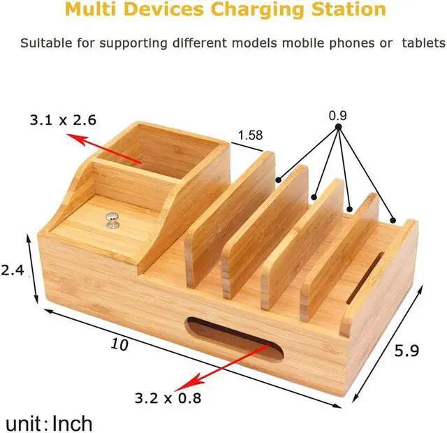 Alt view image 5 of 7 - Pezin & Hulin Bamboo Charging Station, Charging Stand with Pen Holder and Storage Compartment, Wooden Desktop Docking for Mobile Phones, Tablets, (Includes 5 cables and Charger HUB, iWatch Stand)