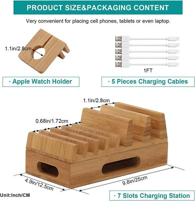 Alt view image 4 of 7 - Pezin & Hulin Bamboo Charging Station with Watch Stand,5 Cables. Wood Docking Stand Electronic Organizer for Multiple Devices.(No Charger HUB)
