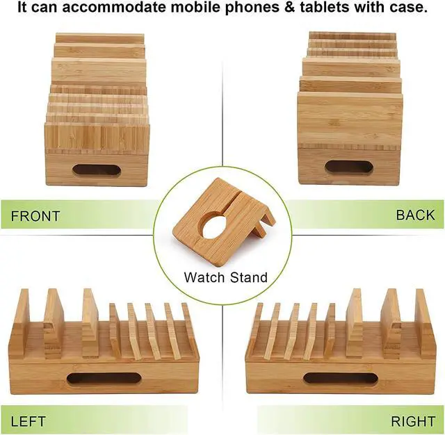 Alt view image 2 of 7 - Pezin & Hulin Bamboo Charging Station with Watch Stand,5 Cables. Wood Docking Stand Electronic Organizer for Multiple Devices.(No Charger HUB)