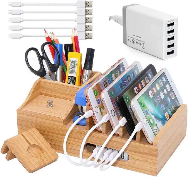 Main image of Pezin & Hulin Bamboo Charging Station, Charging Stand with Pen Holder and Storage Compartment, Wooden Desktop Docking for Mobile Phones, Tablets, (Includes 5 cables and Charger HUB, iWatch Stand)