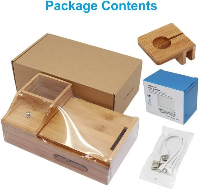 Alt view image 4 of 7 - Pezin & Hulin Bamboo Charging Station, Charging Stand with Pen Holder and Storage Compartment, Wooden Desktop Docking for Mobile Phones, Tablets, (Includes 5 cables and Charger HUB, iWatch Stand)