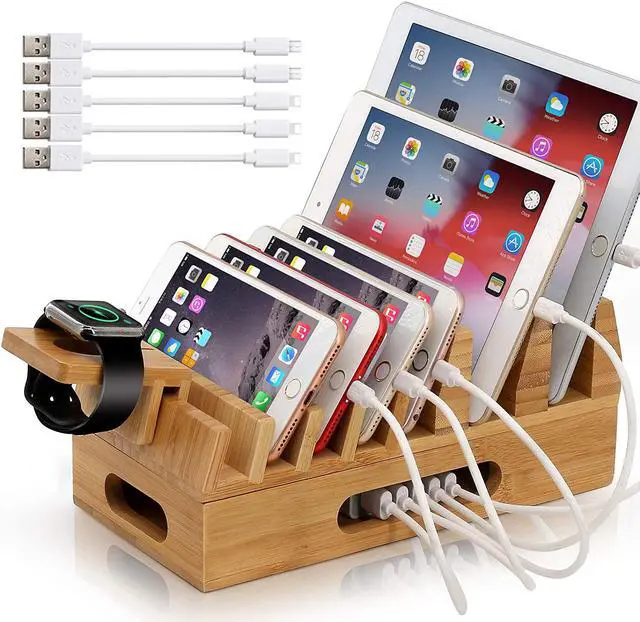 Main image of Pezin & Hulin Bamboo Charging Station with Watch Stand,5 Cables. Wood Docking Stand Electronic Organizer for Multiple Devices.(No Charger HUB)