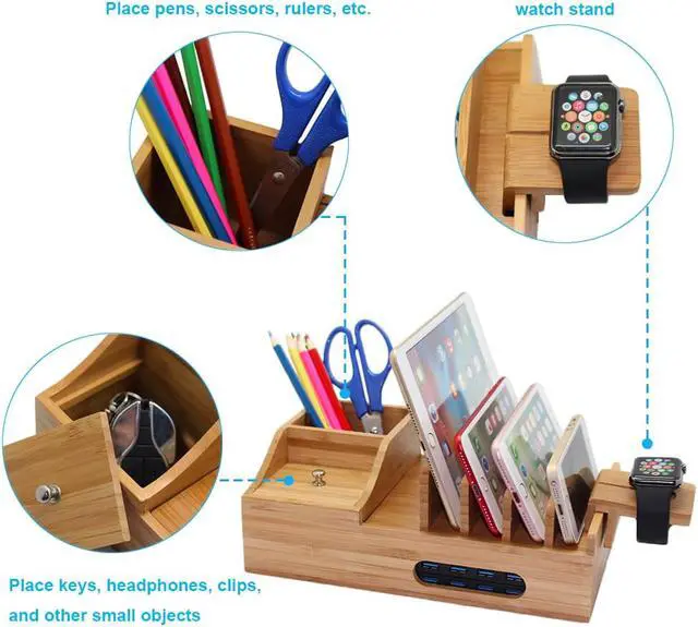 Alt view image 3 of 7 - Pezin & Hulin Bamboo Charging Station, Charging Stand with Pen Holder and Storage Compartment, Wooden Desktop Docking for Mobile Phones, Tablets, (Includes 5 cables and Charger HUB, iWatch Stand)
