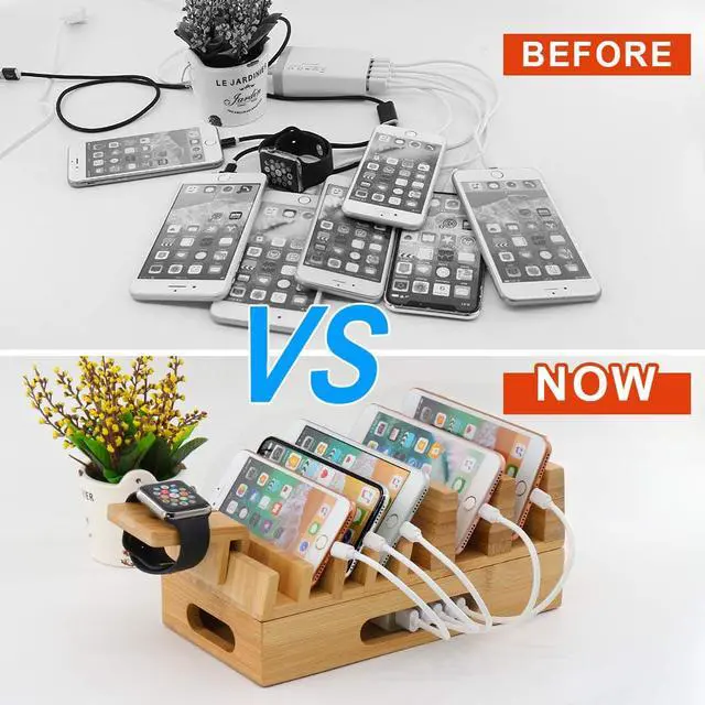 Alt view image 7 of 7 - Pezin & Hulin Bamboo Charging Station with Watch Stand,5 Cables. Wood Docking Stand Electronic Organizer for Multiple Devices.(No Charger HUB)
