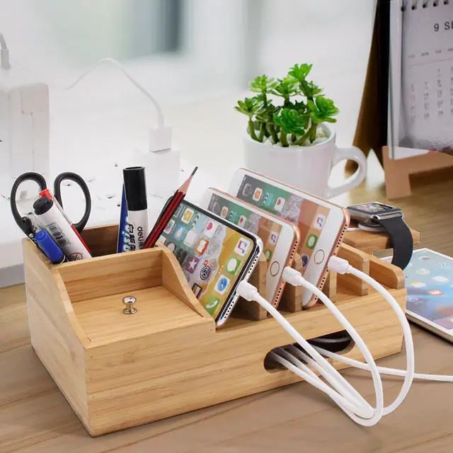Alt view image 7 of 7 - Pezin & Hulin Bamboo Charging Station, Charging Stand with Pen Holder and Storage Compartment, Wooden Desktop Docking for Mobile Phones, Tablets, (Includes 5 cables and Charger HUB, iWatch Stand)