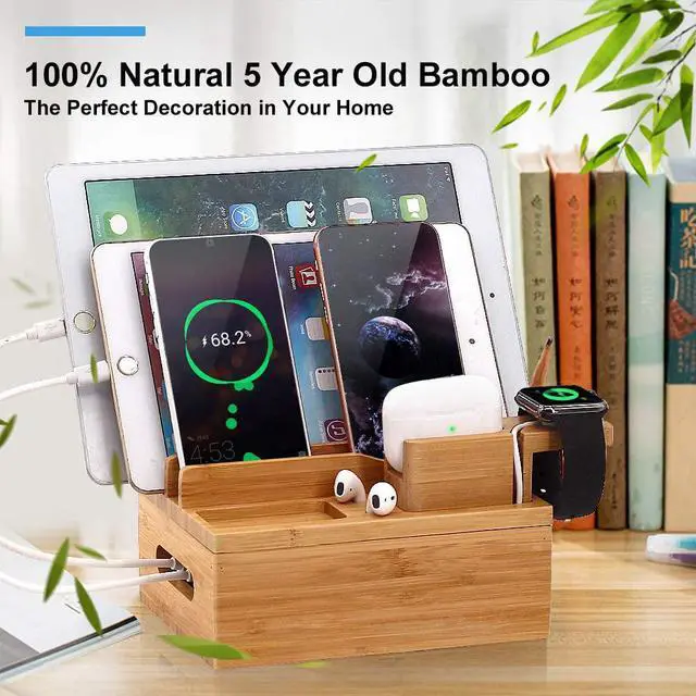 Alt view image 4 of 7 - Pezin & Hulin Charging Station for Multiple Devices, Bamboo 3 Slots Charger Stand for Apple Product, Cellphone, AirPods, iWatch,Tablet .(Includes 5 Cables, Watch & headset Stand, NO Charger HUB)