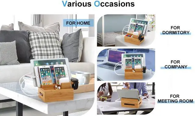 Alt view image 7 of 7 - Pezin & Hulin Charging Station for Multiple Devices, Bamboo 3 Slots Charger Stand for Apple Product, Cellphone, AirPods, iWatch,Tablet .(Includes 5 Cables, Watch & headset Stand, NO Charger HUB)