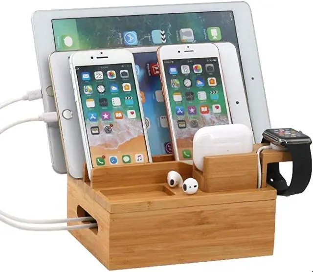 Alt view image 2 of 7 - Pezin & Hulin Charging Station for Multiple Devices, Bamboo 3 Slots Charger Stand for Apple Product, Cellphone, AirPods, iWatch,Tablet .(Includes 5 Cables, Watch & headset Stand, NO Charger HUB)