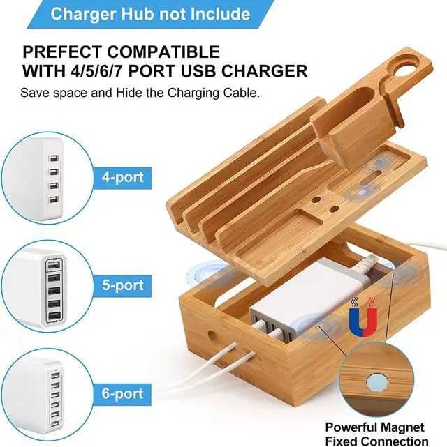 Alt view image 5 of 7 - Pezin & Hulin Charging Station for Multiple Devices, Bamboo 3 Slots Charger Stand for Apple Product, Cellphone, AirPods, iWatch,Tablet .(Includes 5 Cables, Watch & headset Stand, NO Charger HUB)