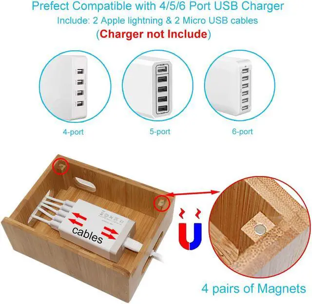 Alt view image 5 of 7 - Pezin & Hulin Bamboo  USB Charging Stand,Magnetic Organizer Stand Compatible with Phone,Tablet,Watch,Table and Other Smart Devices (Includes 5 Port USB Charger, 5 Cables,Watch Stand)