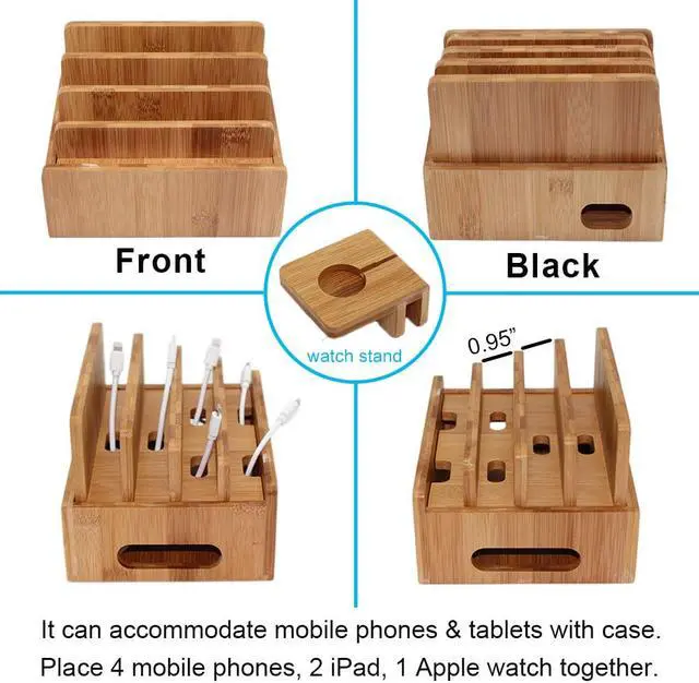 Alt view image 2 of 7 - Pezin & Hulin Bamboo  USB Charging Stand,Magnetic Organizer Stand Compatible with Phone,Tablet,Watch,Table and Other Smart Devices (Includes 5 Port USB Charger, 5 Cables,Watch Stand)