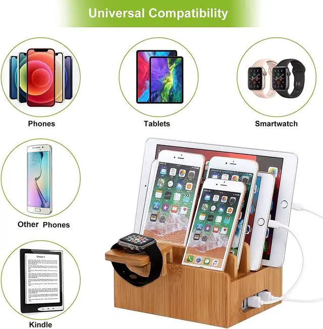 Alt view image 7 of 7 - Pezin & Hulin Bamboo  USB Charging Stand,Magnetic Organizer Stand Compatible with Phone,Tablet,Watch,Table and Other Smart Devices (Includes 5 Port USB Charger, 5 Cables,Watch Stand)