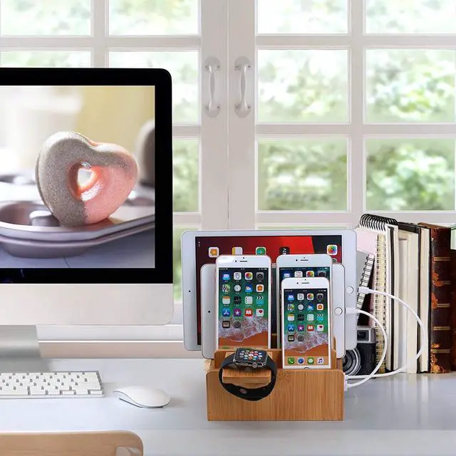 Alt view image 6 of 7 - Pezin & Hulin Bamboo  USB Charging Stand,Magnetic Organizer Stand Compatible with Phone,Tablet,Watch,Table and Other Smart Devices (Includes 5 Port USB Charger, 5 Cables,Watch Stand)