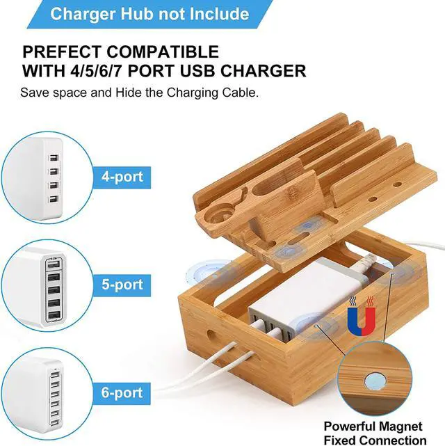 Alt view image 5 of 7 - Pezin & Hulin Charging Station for Multiple Devices, 5 
Port Multi USB Charger Stand, Cellphone Charging  Stations.(Includes 5 Port USB Charger, 5 Cables, with AirPod & iWatch Stand)