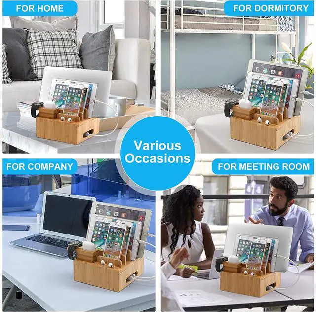 Alt view image 7 of 7 - Pezin & Hulin Charging Stand,Charger Dock Station for Multiple Devices,forApple Product, Kindle,Tablet,Bonus Watch & AirPod Stand, Bamboo color. (Includes 5 Cables,NO Charger HUB)