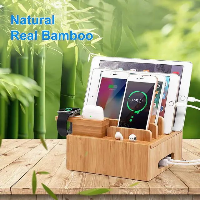 Alt view image 5 of 7 - Pezin & Hulin Charging Stand,Charger Dock Station for Multiple Devices,forApple Product, Kindle,Tablet,Bonus Watch & AirPod Stand, Bamboo color. (Includes 5 Cables,NO Charger HUB)