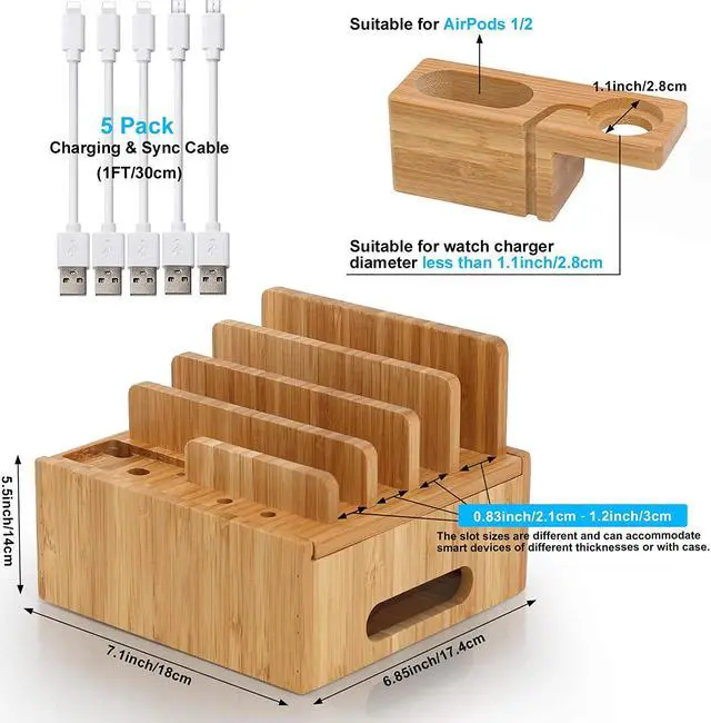 Alt view image 2 of 7 - Pezin & Hulin Charging Stand,Charger Dock Station for Multiple Devices,forApple Product, Kindle,Tablet,Bonus Watch & AirPod Stand, Bamboo color. (Includes 5 Cables,NO Charger HUB)