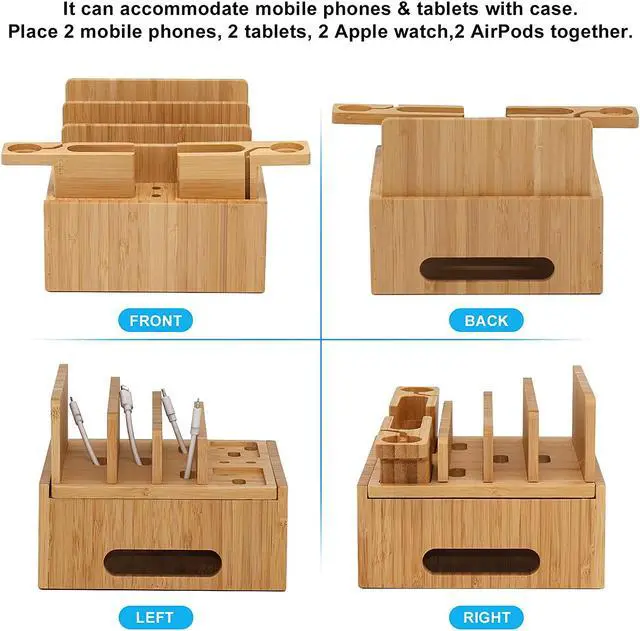 Alt view image 3 of 7 - Pezin & Hulin Bamboo Charging Station, Desktop Dock Stand Organizer for Cellphones and Tablets, with Bonus 2 Dock Stands for Apple Watch & AirPods (Includes 5 Cables, NO Charger HUB)
