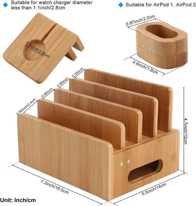 Alt view image 3 of 7 - Pezin & Hulin Bamboo Charging Station for Multiple Devices, Desktop Docking Stand for Cell Phone, Tablet, iWatch, AirPod Charge Stand (Includes iWatch & Airpod Stand, 5 Cables) (No USB Charger)
