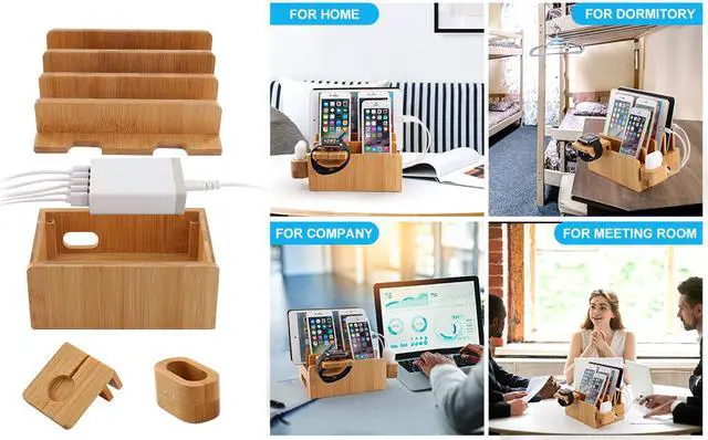 Alt view image 6 of 7 - Pezin & Hulin Bamboo Charging Station for Multiple Devices, Desktop Docking Stand for Cell Phone, Tablet, iWatch, AirPod Charge Stand (Includes iWatch & Airpod Stand, 5 Cables) (No USB Charger)