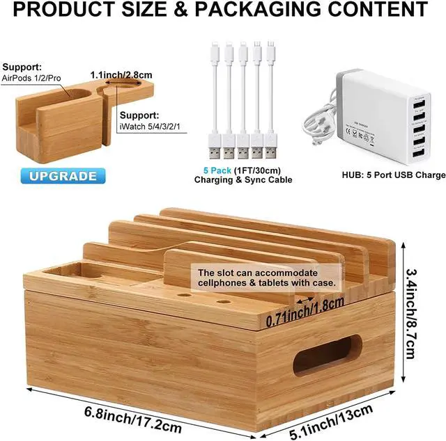 Alt view image 4 of 7 - Pezin & Hulin Charging Station for Multiple Devices, 5 
Port Multi USB Charger Stand, Cellphone Charging  Stations.(Includes 5 Port USB Charger, 5 Cables, with AirPod & iWatch Stand)