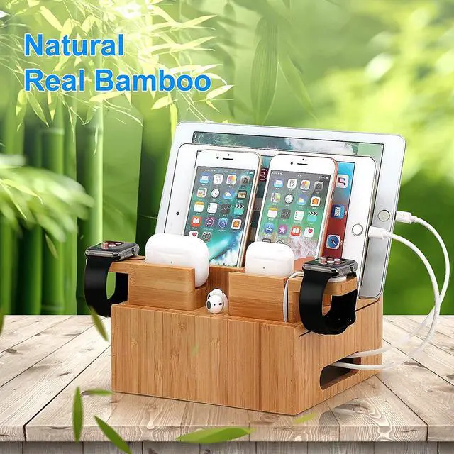 Alt view image 7 of 7 - Pezin & Hulin Bamboo Charging Station, Desktop Dock Stand Organizer for Cellphones and Tablets, with Bonus 2 Dock Stands for Apple Watch & AirPods (Includes 5 Cables, NO Charger HUB)
