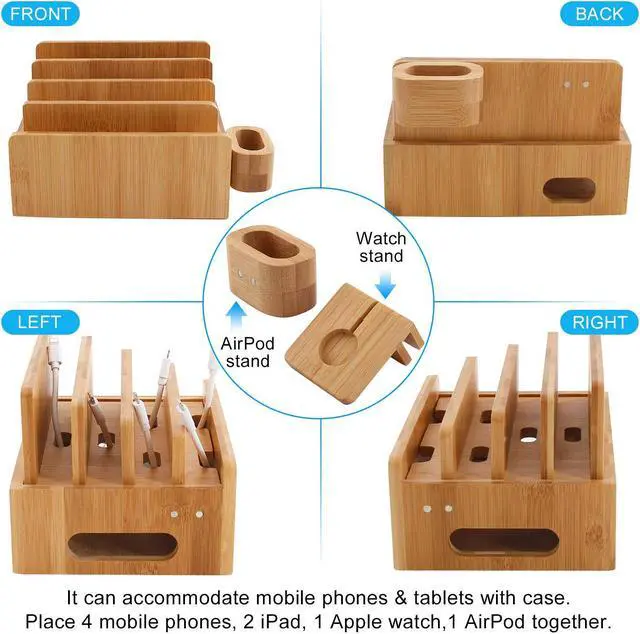 Alt view image 2 of 7 - Pezin & Hulin Bamboo Charging Station for Multiple Devices, Desktop Docking Stand for Cell Phone, Tablet, iWatch, AirPod Charge Stand (Includes iWatch & Airpod Stand, 5 Cables) (No USB Charger)