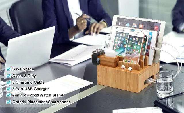 Alt view image 6 of 7 - Pezin & Hulin Charging Stand,Charger Dock Station for Multiple Devices,forApple Product, Kindle,Tablet,Bonus Watch & AirPod Stand, Bamboo color. (Includes 5 Cables,NO Charger HUB)