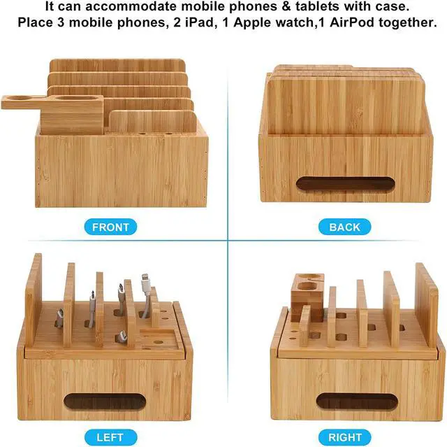 Alt view image 3 of 7 - Pezin & Hulin Charging Stand,Charger Dock Station for Multiple Devices,forApple Product, Kindle,Tablet,Bonus Watch & AirPod Stand, Bamboo color. (Includes 5 Cables,NO Charger HUB)