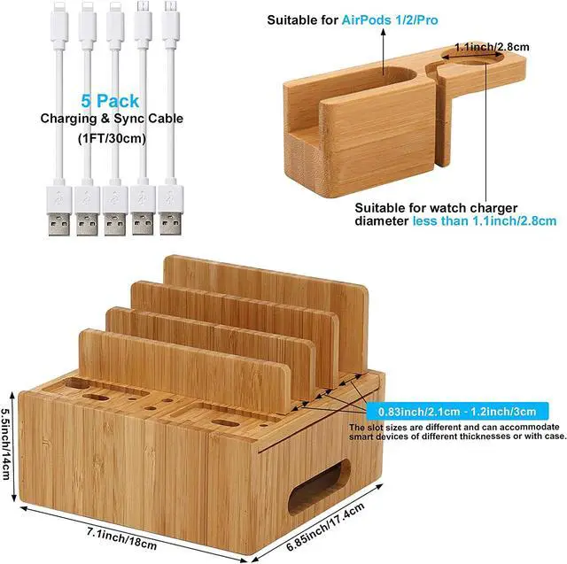 Alt view image 2 of 7 - Pezin & Hulin Bamboo Charging Station, Desktop Dock Stand Organizer for Cellphones and Tablets, with Bonus 2 Dock Stands for Apple Watch & AirPods (Includes 5 Cables, NO Charger HUB)