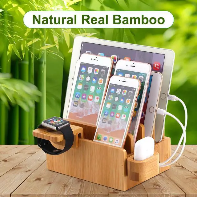 Alt view image 5 of 7 - Pezin & Hulin Bamboo Charging Station for Multiple Devices, Desktop Docking Stand for Cell Phone, Tablet, iWatch, AirPod Charge Stand (Includes iWatch & Airpod Stand, 5 Cables) (No USB Charger)