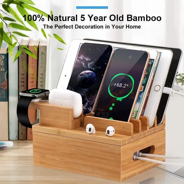 Alt view image 6 of 7 - Pezin & Hulin Charger Station,Charging Stand Dock on Nightstand,Desktop Docking Station Organizer for Apple Product, AirPods, iWatch, Cellphone, Tablet, (Includes 5 Cables, with Headset & Watch Stand)