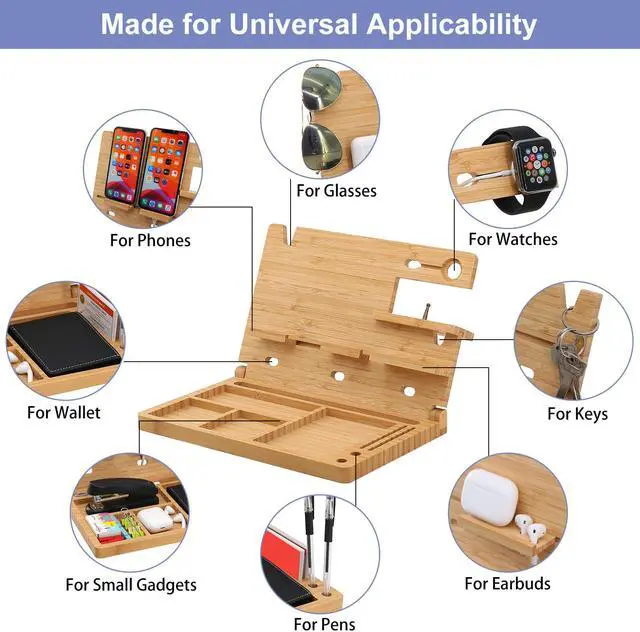 Alt view image 2 of 7 - Wood Phone Docking Station, Foldable Key Holder Wallet Nightstand Organizer, Men Gift Husband Anniversary Compatible with Phone Watch Sunglasses Pen Gadgets