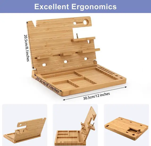 Alt view image 3 of 7 - Wood Phone Docking Station, Foldable Key Holder Wallet Nightstand Organizer, Men Gift Husband Anniversary Compatible with Phone Watch Sunglasses Pen Gadgets