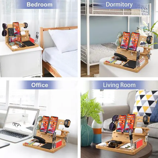 Alt view image 6 of 7 - Wood Phone Docking Station, Foldable Key Holder Wallet Nightstand Organizer, Men Gift Husband Anniversary Compatible with Phone Watch Sunglasses Pen Gadgets